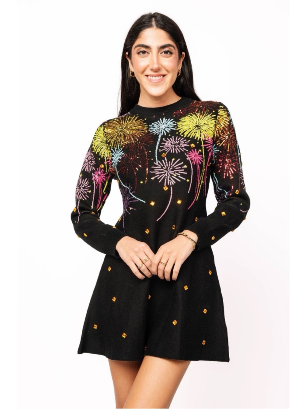 Queen of Sparkles Black Multi Rainbow Firework Jeweled Sweater Dress